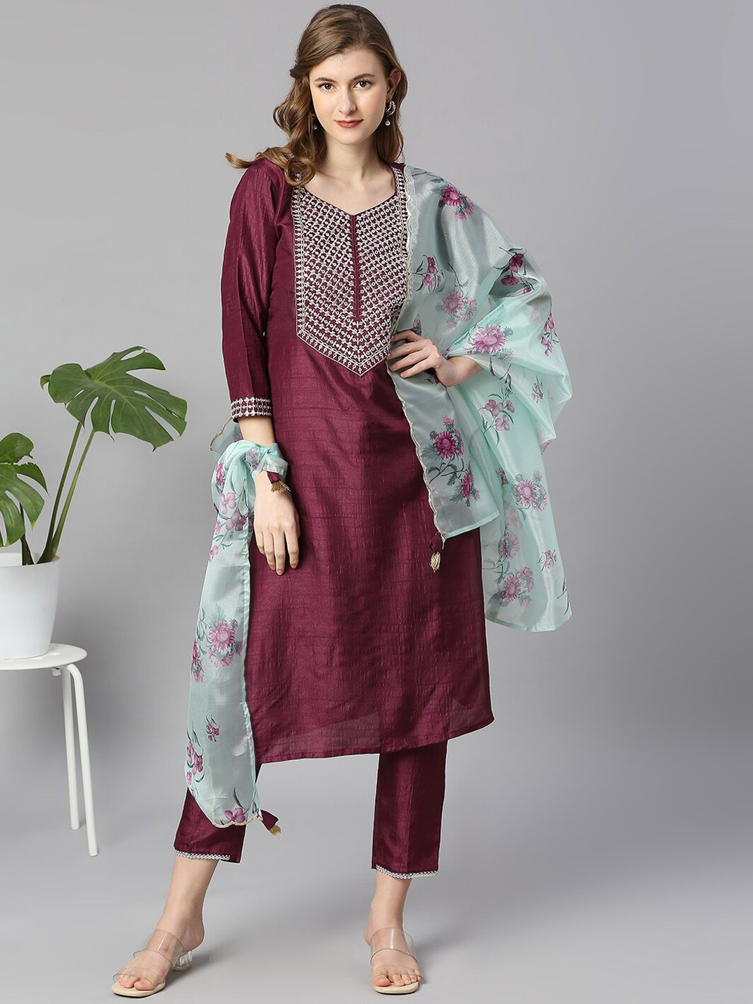 

KALINI Ethnic Motifs Embroidered Pure Silk Kurta with Trousers & Dupatta, Burgundy