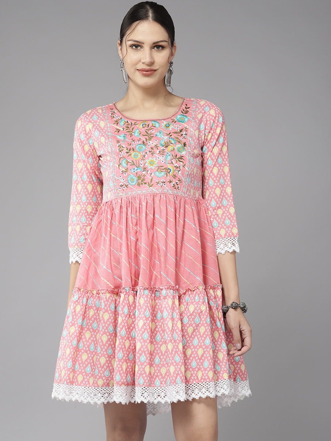 

Yufta Floral Embroidered Cotton A-Line Dress, Pink