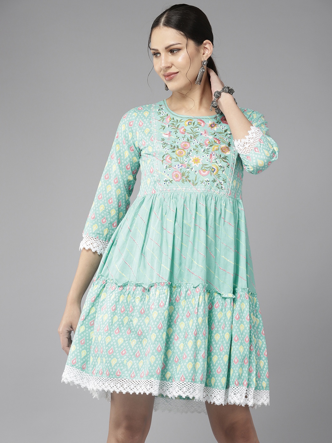 

Yufta Floral Embroidered Cotton A-Line Dress, Turquoise blue