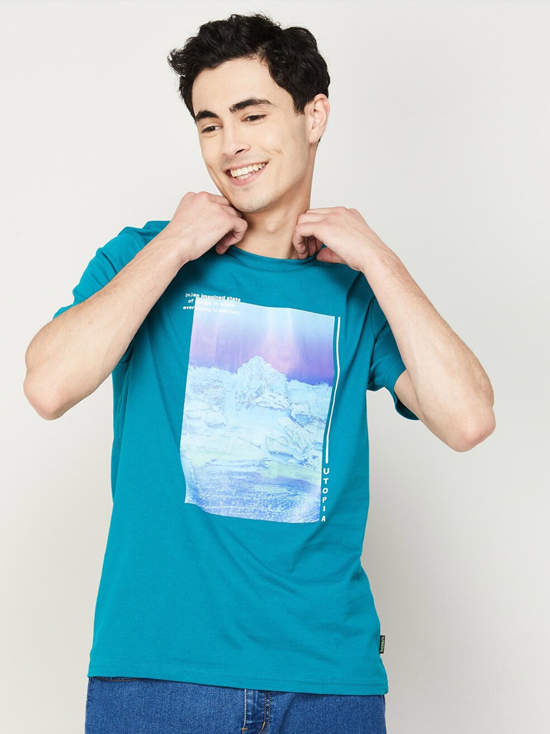 

Bossini Graphic Printed Cotton T-shirt, Turquoise blue