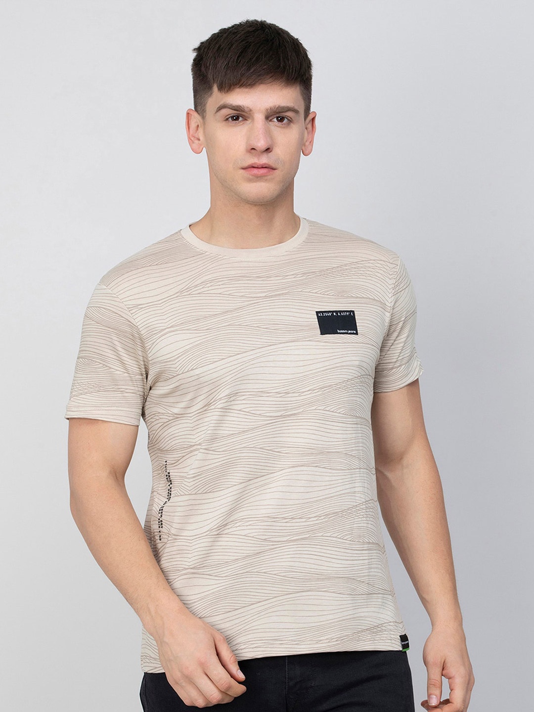 

Bossini Printed Round Neck short Sleeves Cotton T-shirt, Beige
