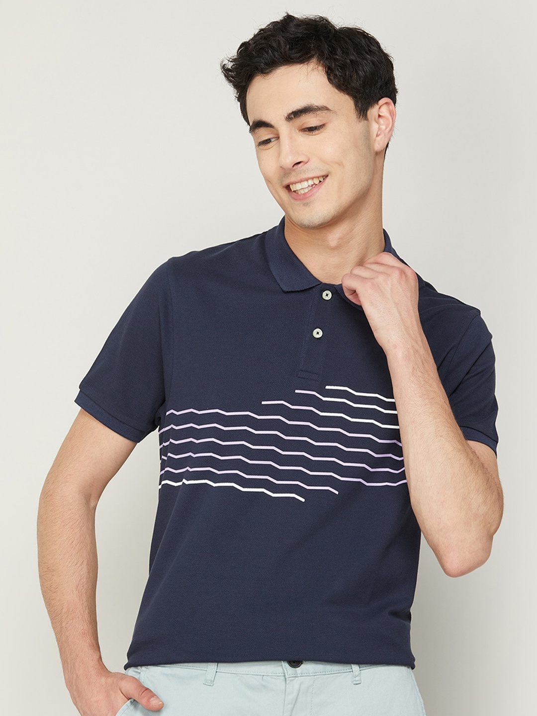 

Bossini Graphic Printed Polo Collar Cotton T-shirt, Navy blue