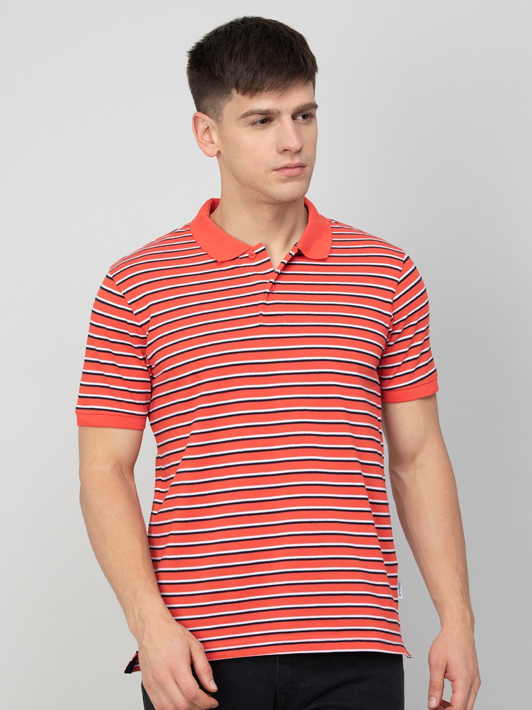 

Fame Forever by Lifestyle Striped Polo Collar Cotton T-shirt, Coral