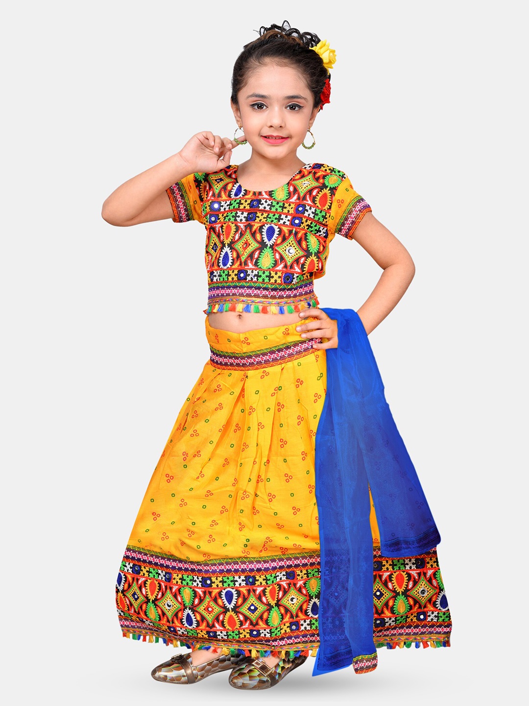 

ahhaaaa Girls Embroidered Thread Work Ready To Wear Cotton Lehenga & Blouse With Dupatta, Yellow