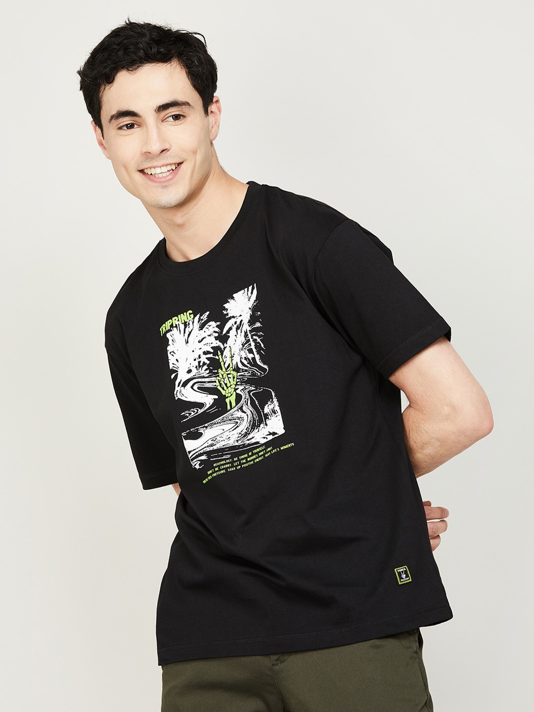 

Forca Graphic Printed Round Neck Cotton T-shirt, Black