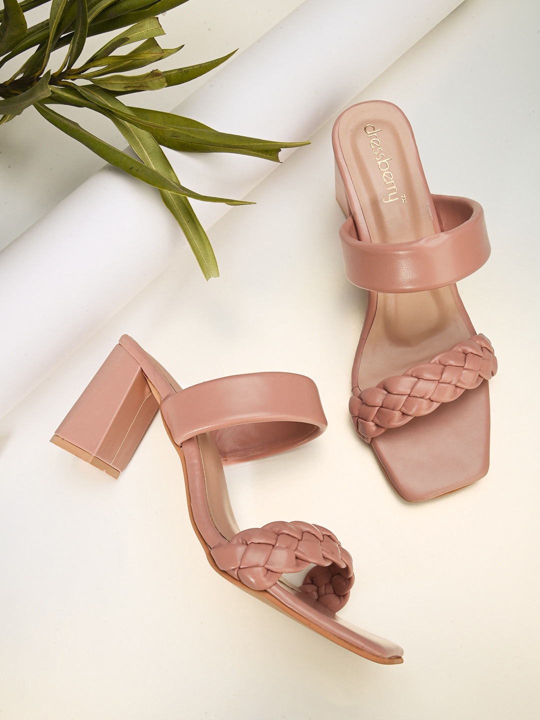 

DressBerry Textured Braided Block Heels With Open Toe, Peach