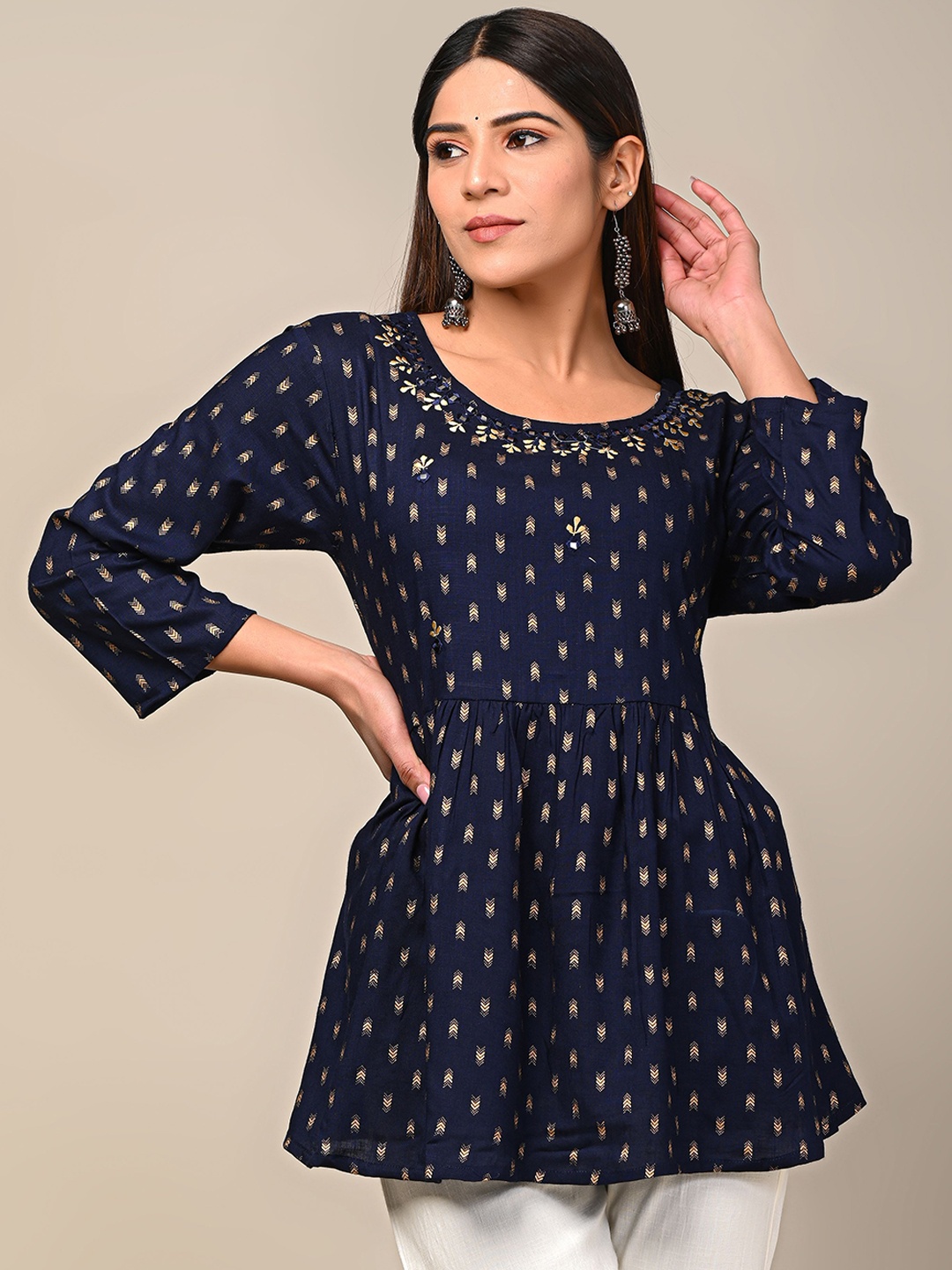

DHRTI Ethnic Motifs Printed Thread Work Cotton A-Line Kurti, Navy blue