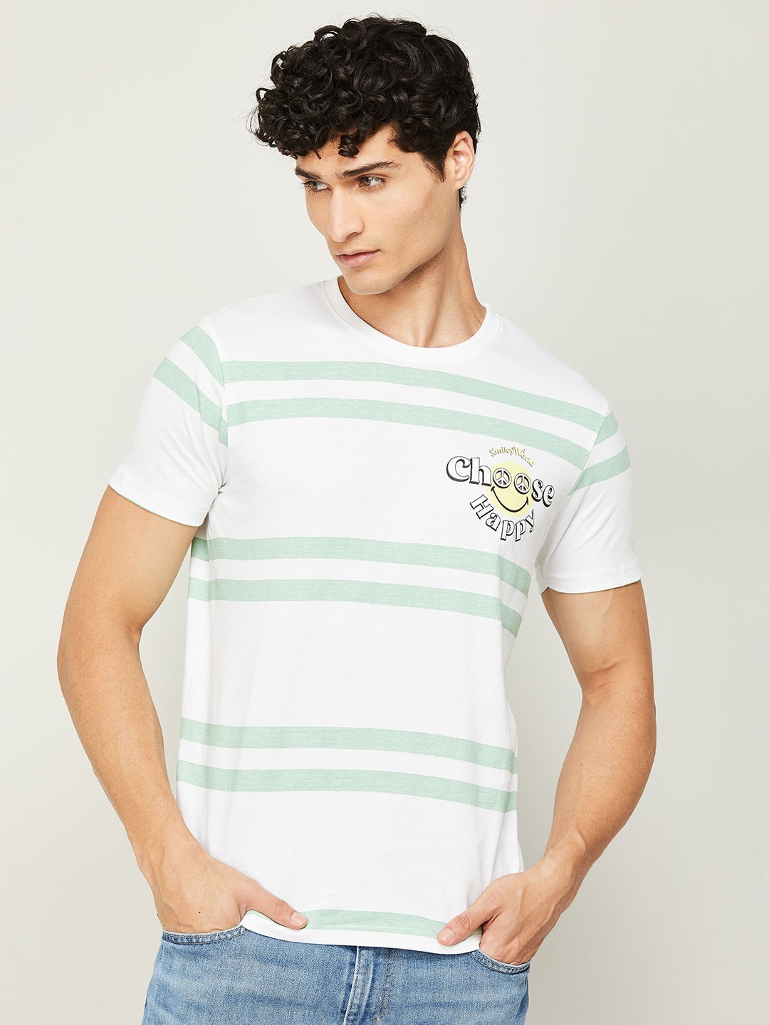 

SmileyWorld Men White Striped V-Neck T-shirt