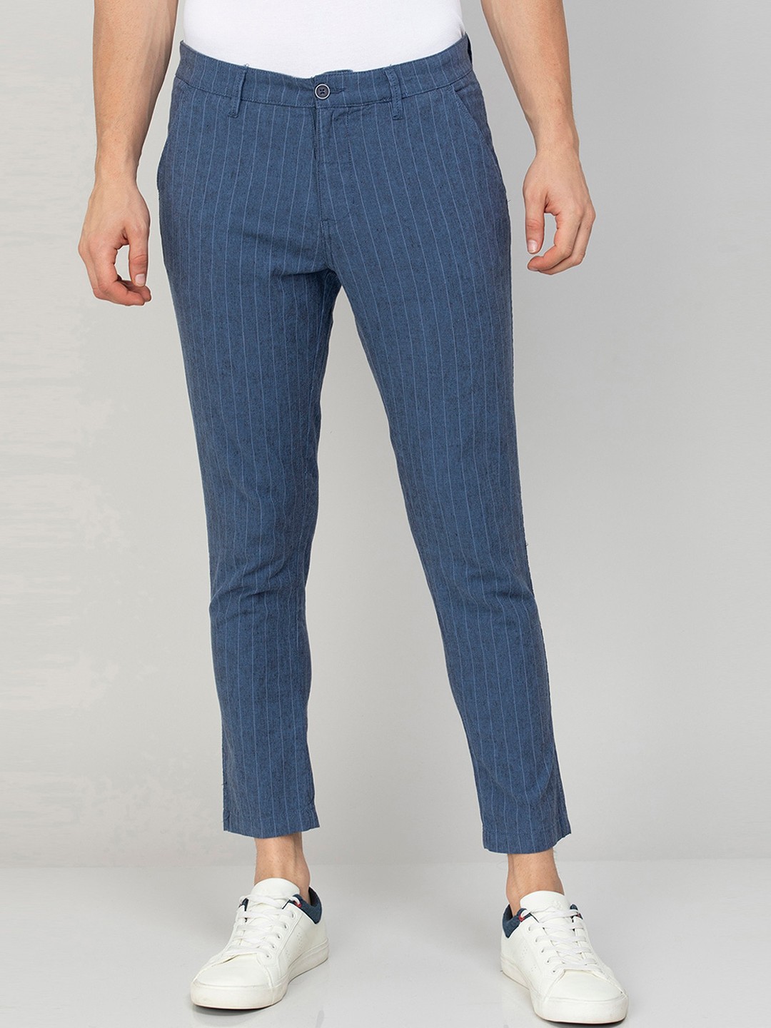 

CODE by Lifestyle Men Striped Slim Fit Cotton Linen Trousers, Navy blue