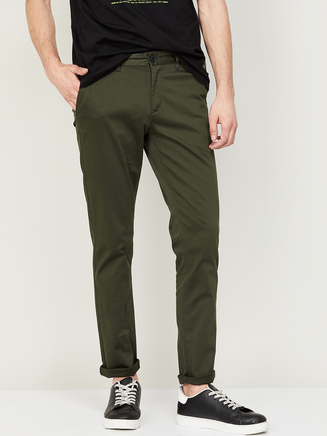 

Fame Forever by Lifestyle Men Slim Fit Mid-Rise Cotton Lycra Trousers, Olive