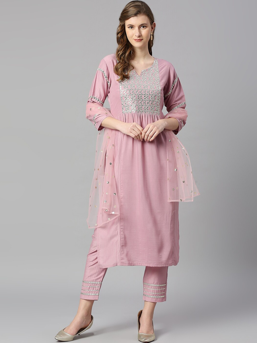 

KALINI Floral Yoke Design Thread Work Pure Silk Kurta with Trousers & Dupatta, Pink