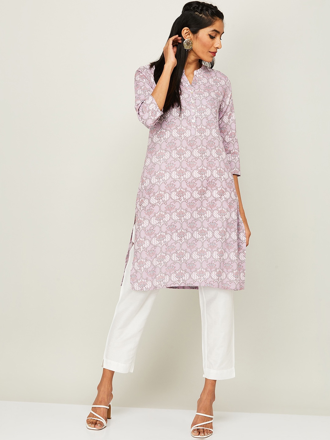 

Melange by Lifestyle Ethnic Motifs Printed Band Collar Kurta, Purple