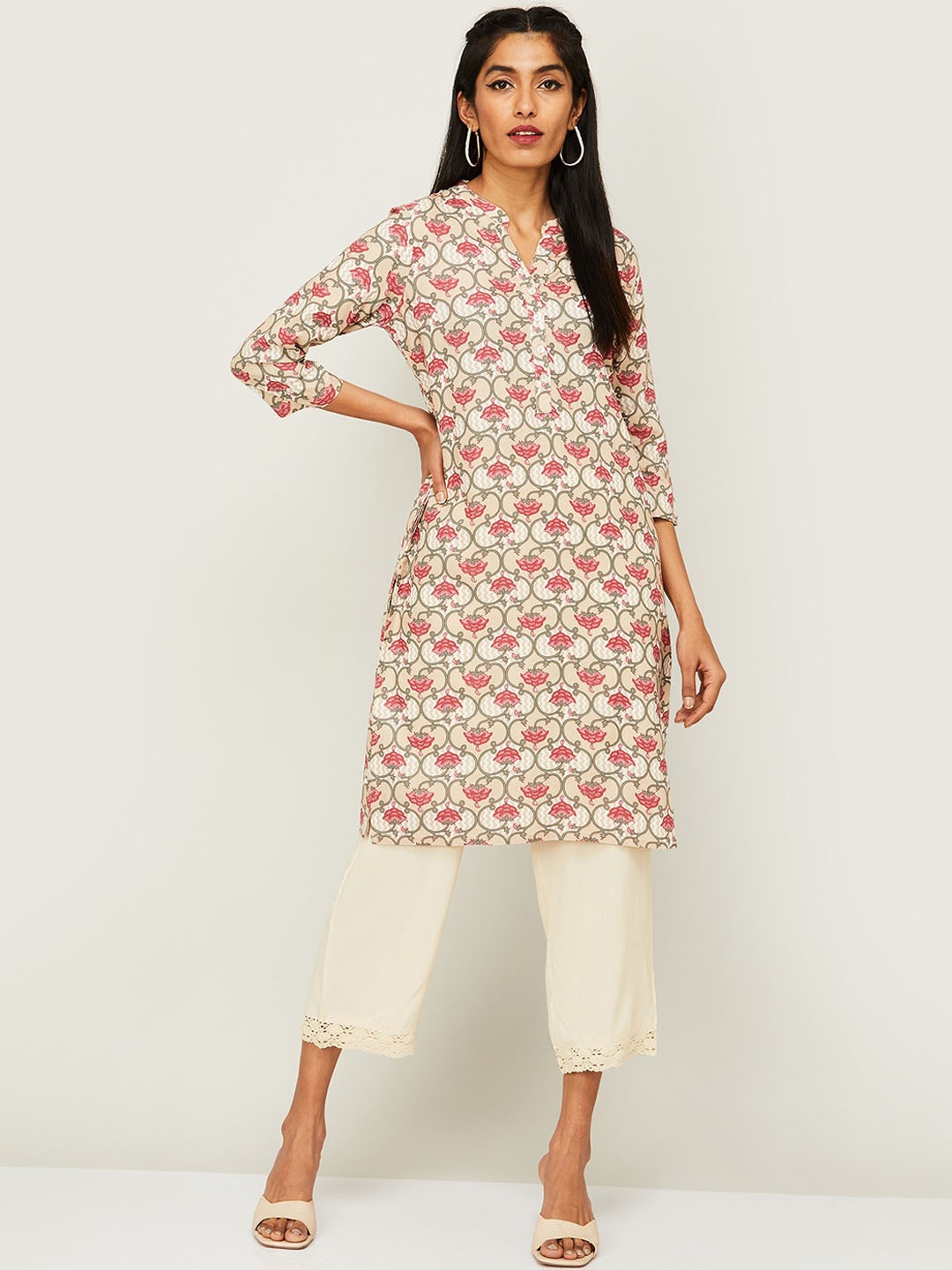 

Melange by Lifestyle Mandarin Collar Floral Printed Kurta, Beige