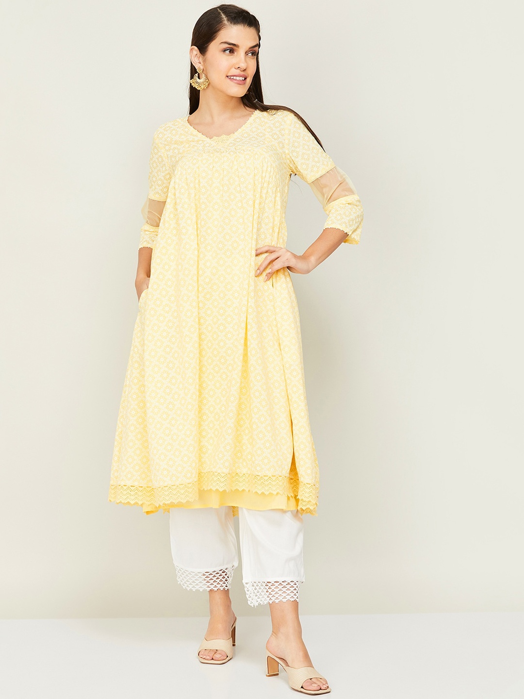 

Melange by Lifestyle Floral Printed V Neck Layered Anarkali Kurta With Slip, Yellow