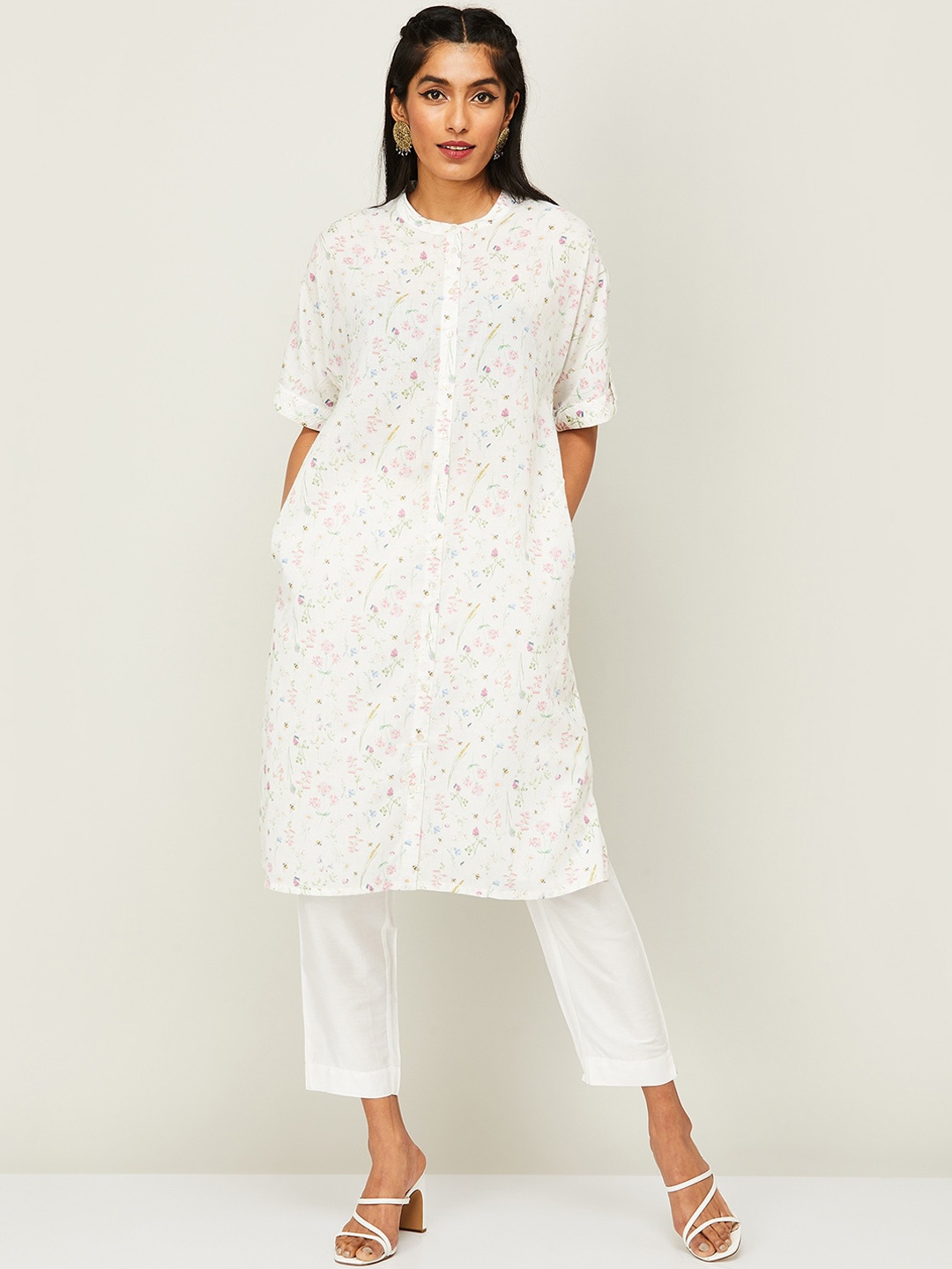 

Melange by Lifestyle Button-Down Band Collar Floral Printed Kurta, White