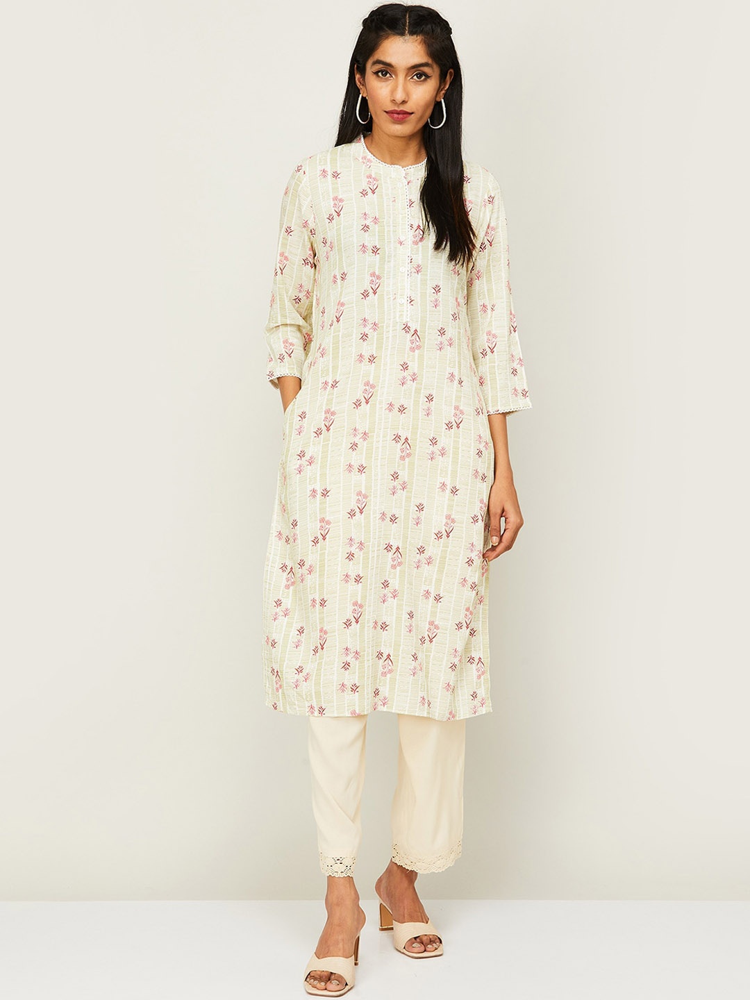 

Melange by Lifestyle Floral Printed Band Collar Kurta, Beige