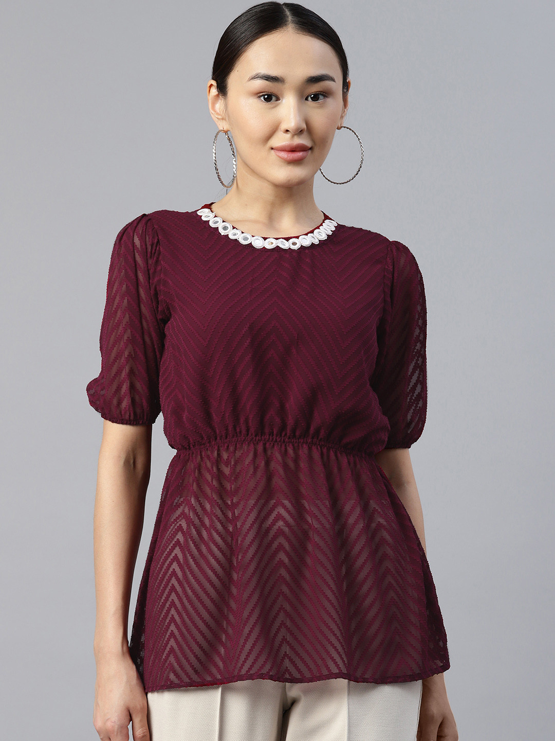 

PRASTHAN Georgette Cinched Waist Longline Top, Purple