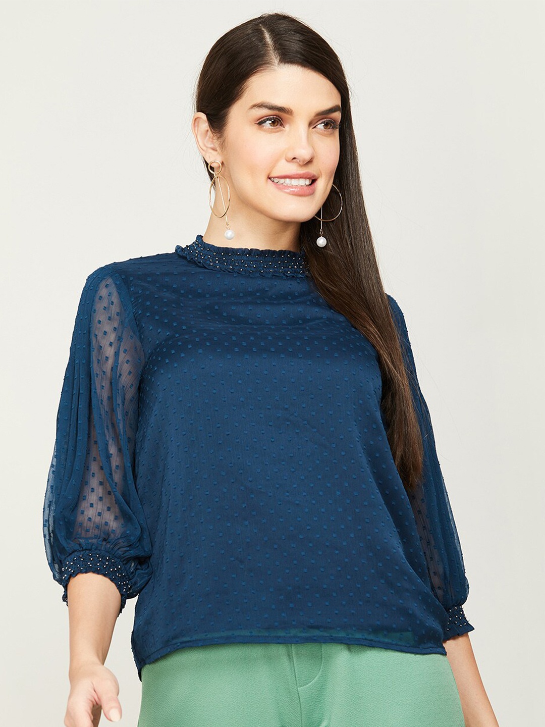 

CODE by Lifestyle Self Design Puff Sleeves High Neck Top, Blue