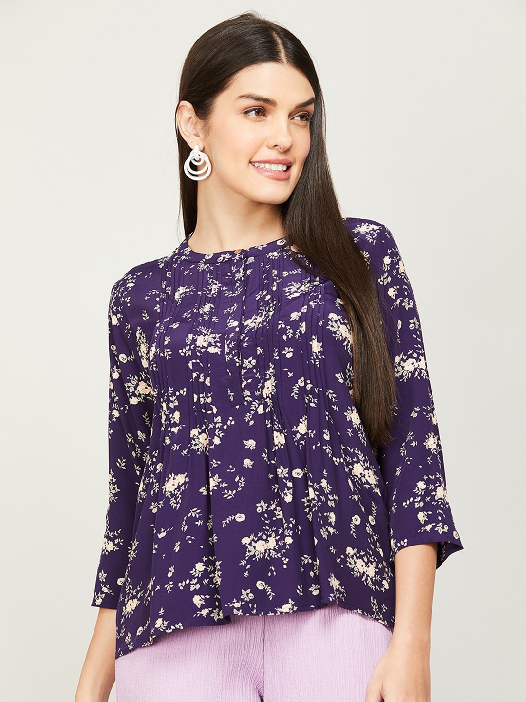 

CODE by Lifestyle Band Collar Floral Printed Top, Purple