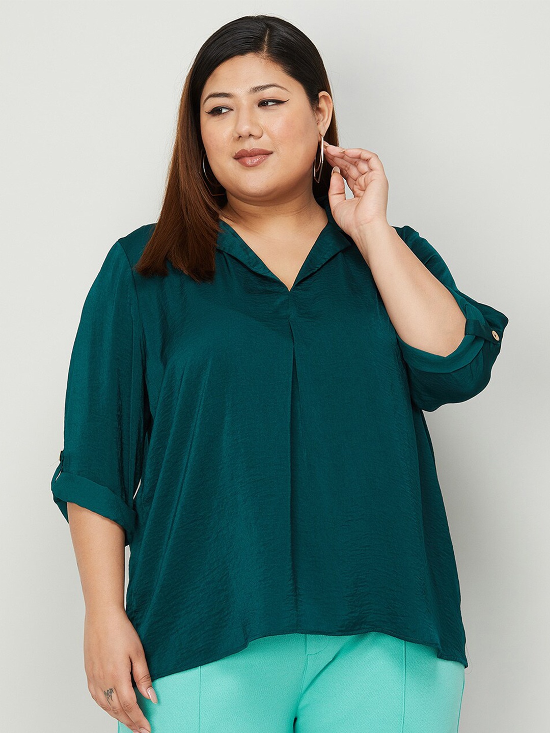 

Nexus by Lifestyle Plus Size Shirt Collar Roll-Up Sleeves A-Line Top, Green