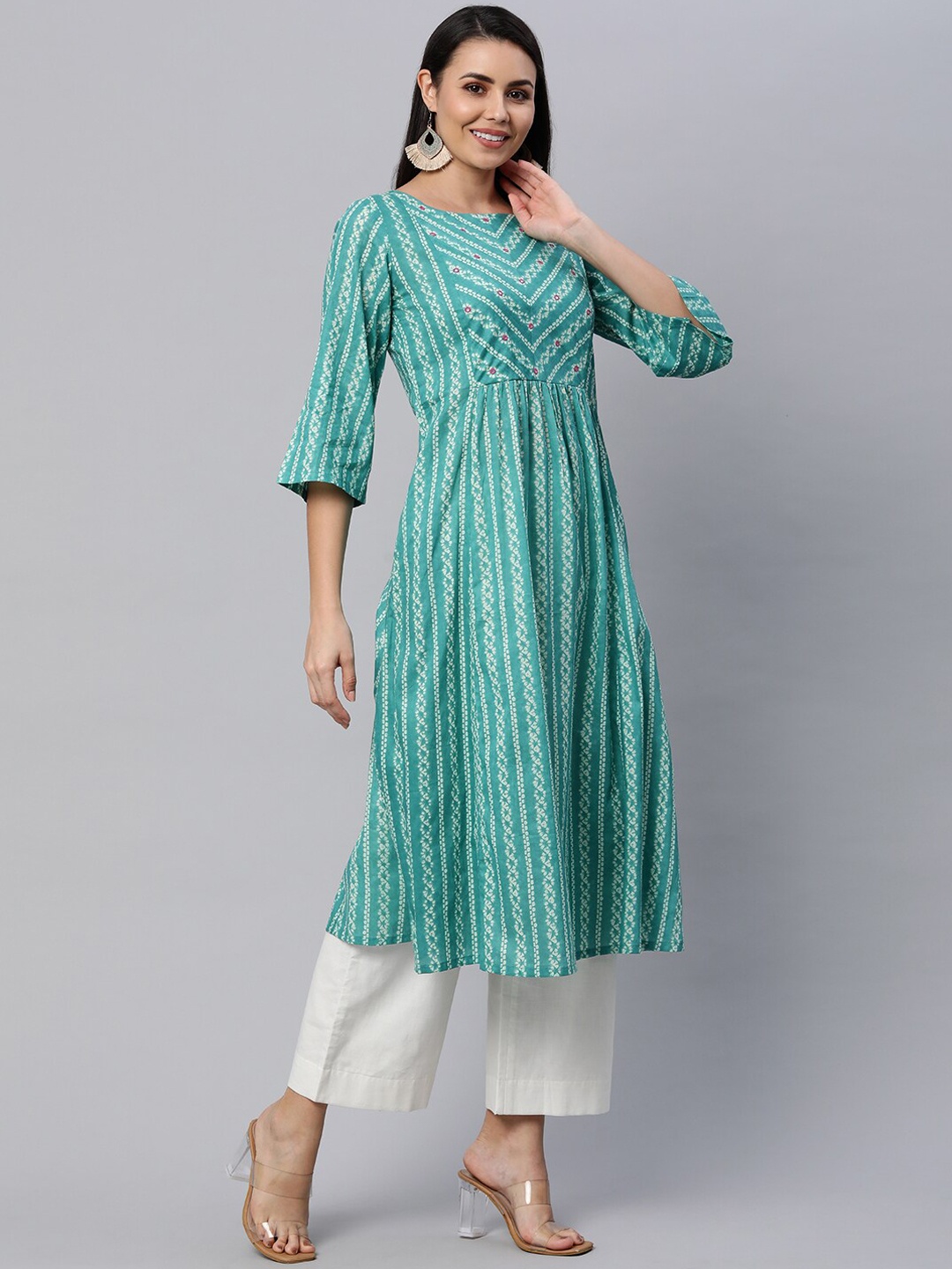

KAMI KUBI Striped Pleated Anarkali Pure Cotton Kurta, Turquoise blue