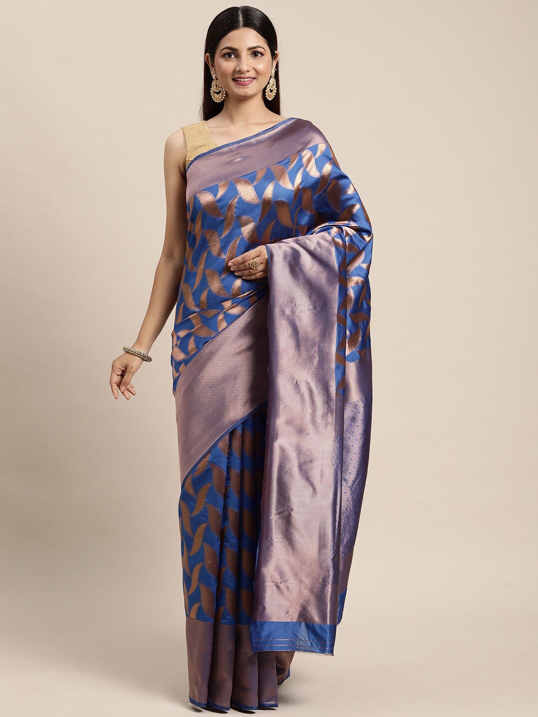 

eshami Ethnic Motifs Woven Design Zari Saree, Navy blue