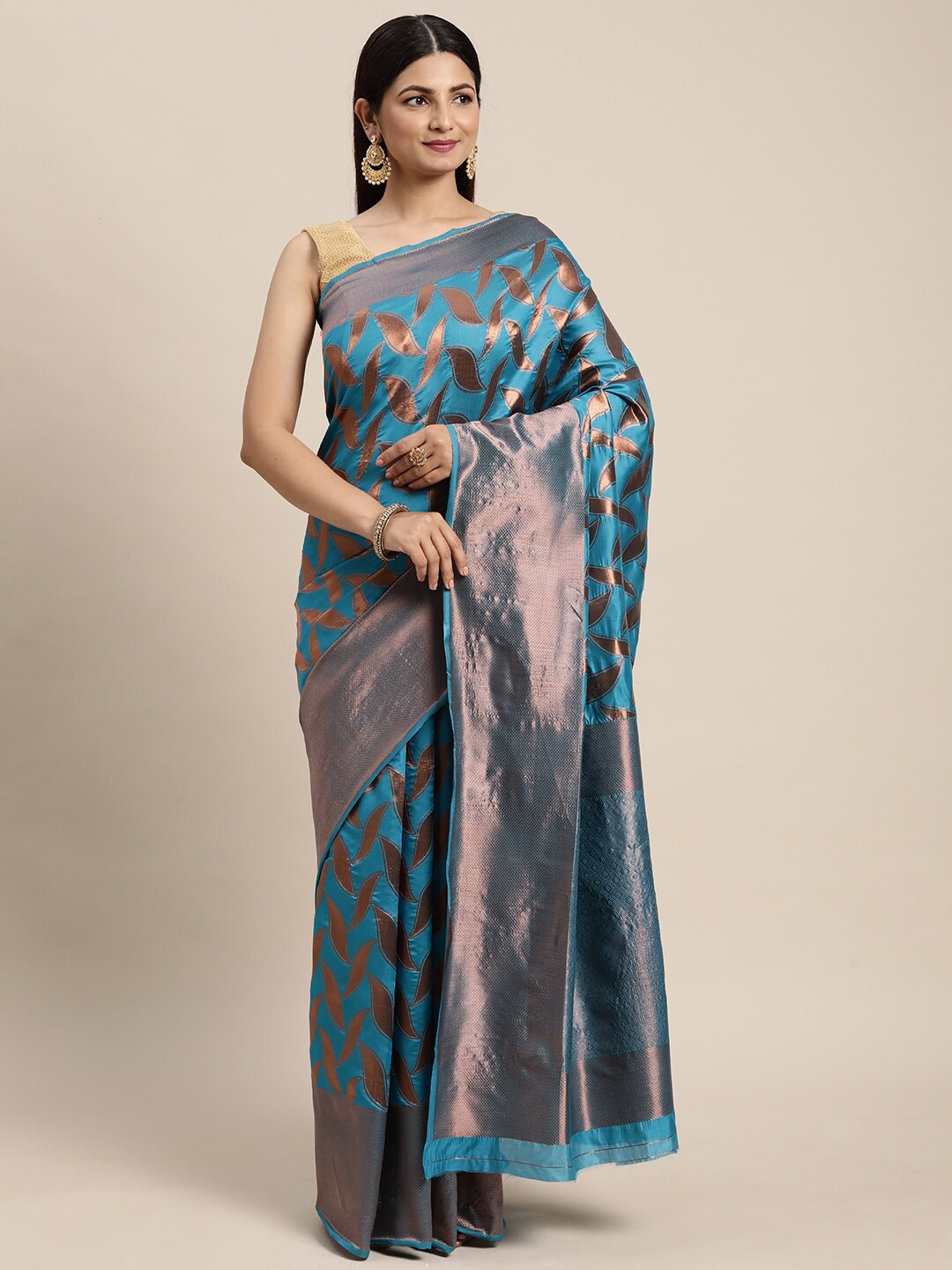 

eshami Ethnic Motifs Woven Design Zari Silk Blend Saree, Turquoise blue