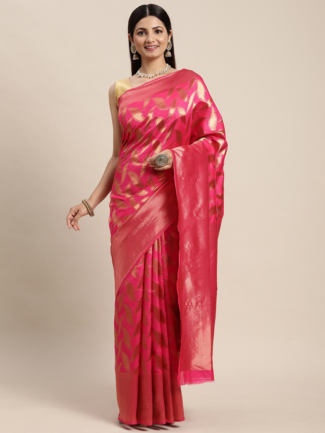 

eshami Ethnic Motif Woven Design Zari Saree, Pink