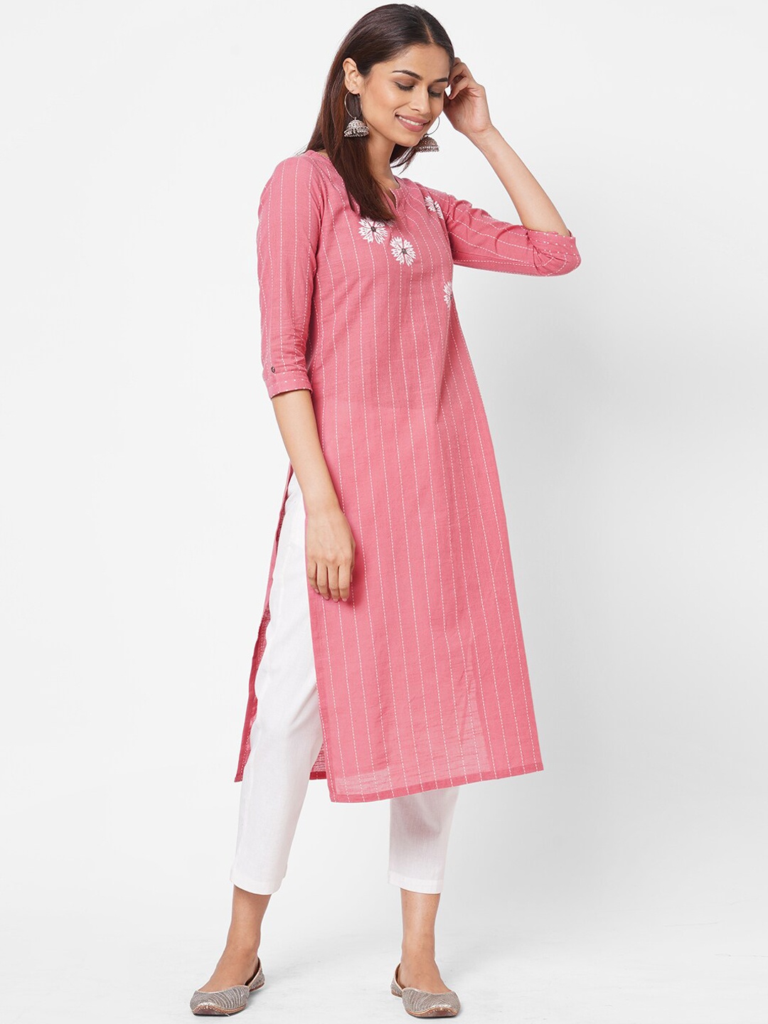 

KAMI KUBI Notched Neck Striped Pure Cotton Kurta, Pink