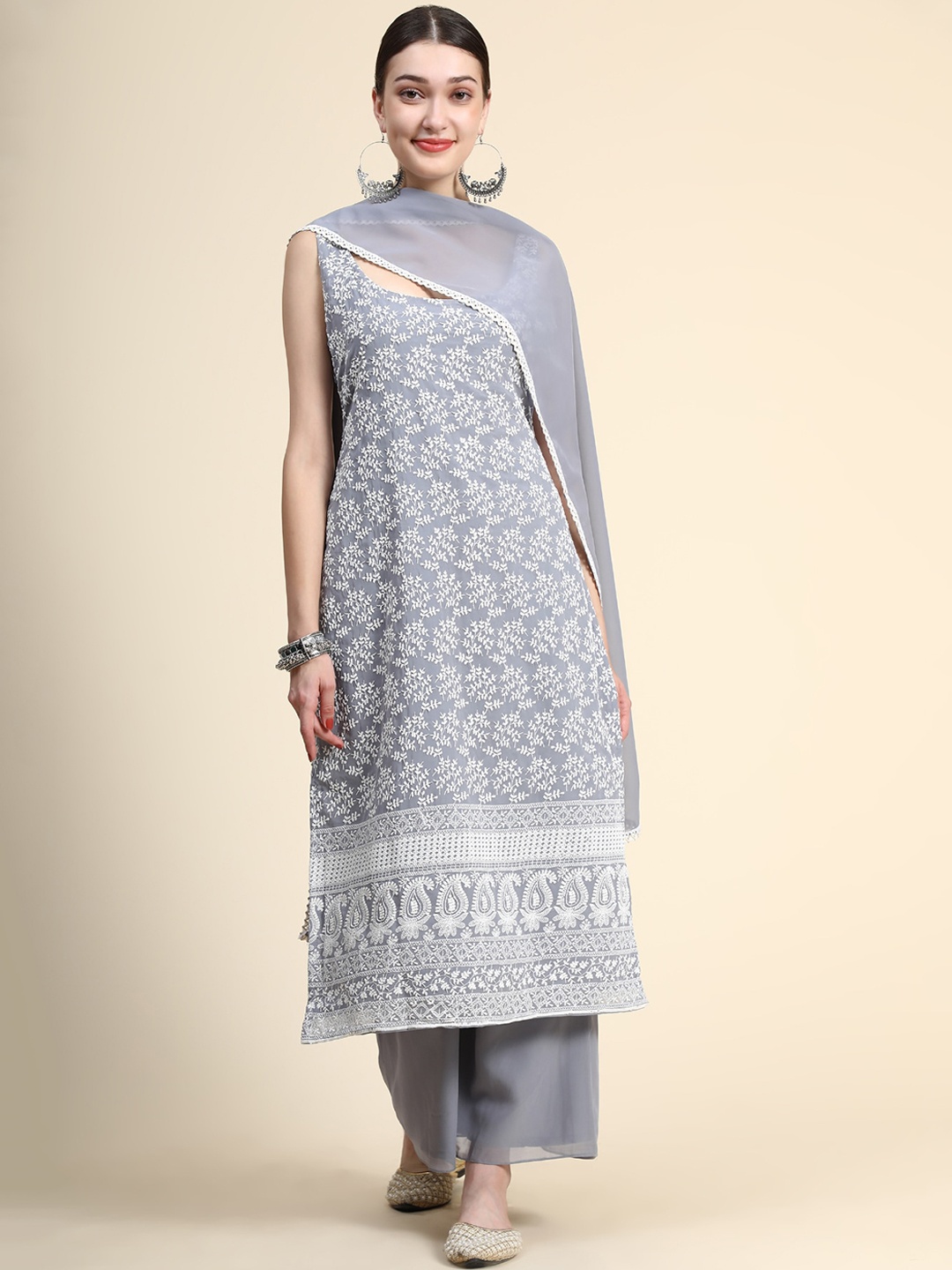

KALINI Ethnic Motifs Embroidered Georgette Chikankari Kurta with Palazzos & Dupatta, Grey