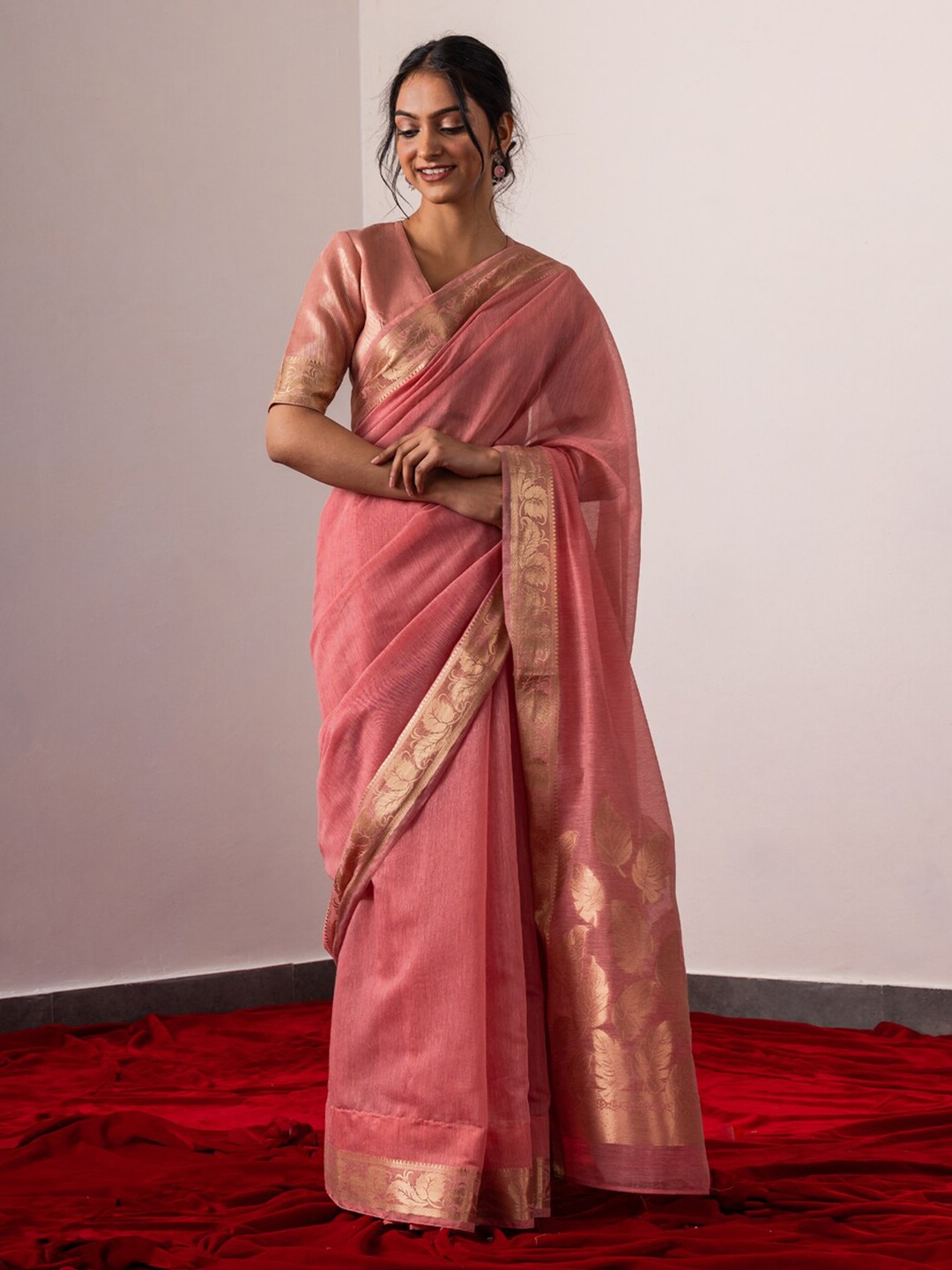 

Triyah Woven Design Border Zari Silk Cotton Saree, Pink