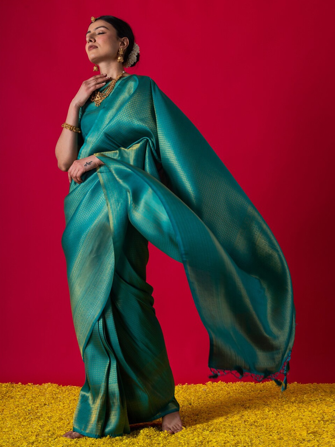 

Triyah Ethnic Motifs Woven Design Zari Saree, Turquoise blue