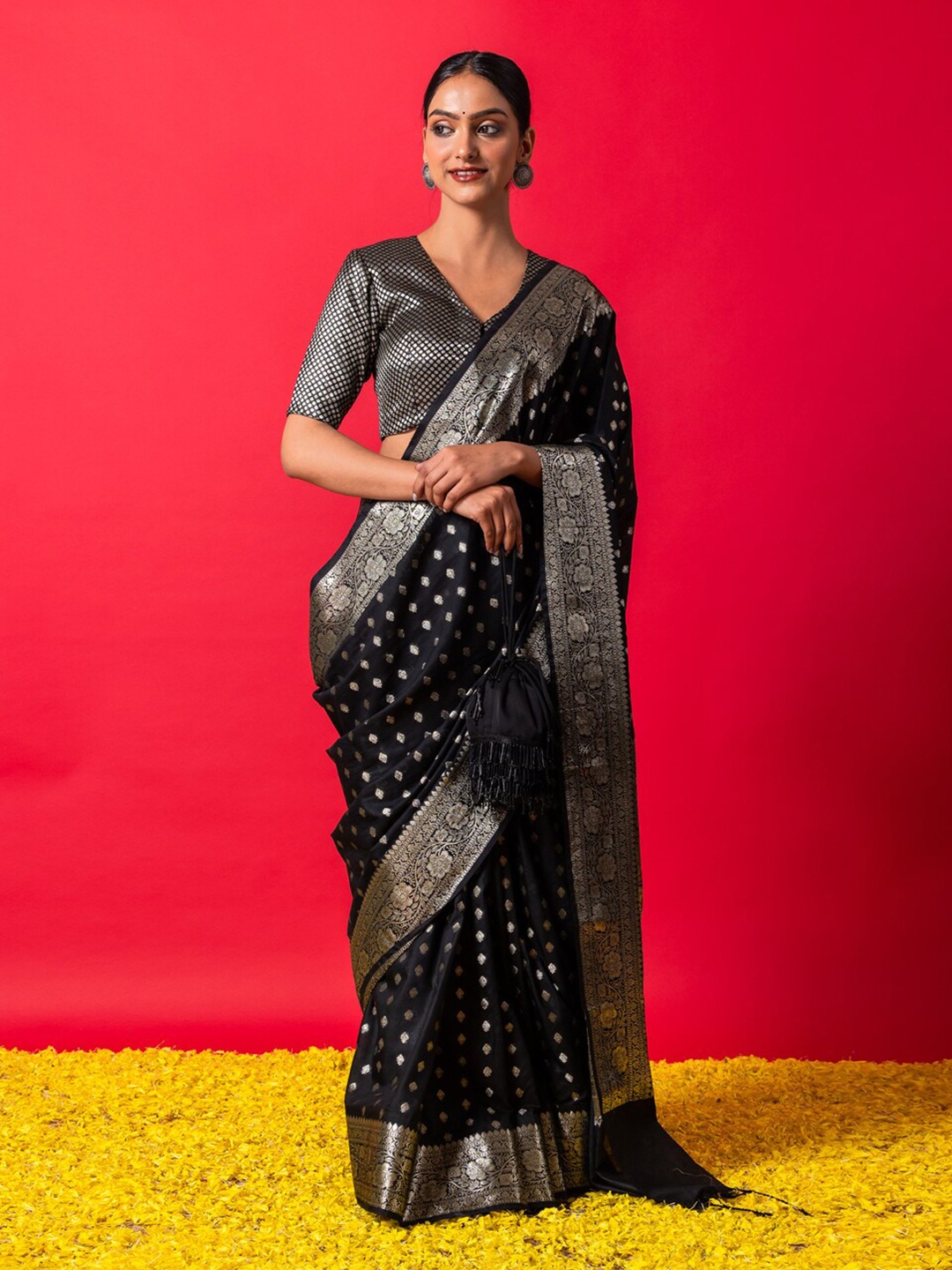 

Triyah Ethnic Motifs Woven Design Zari Pure Silk Muga Saree, Black