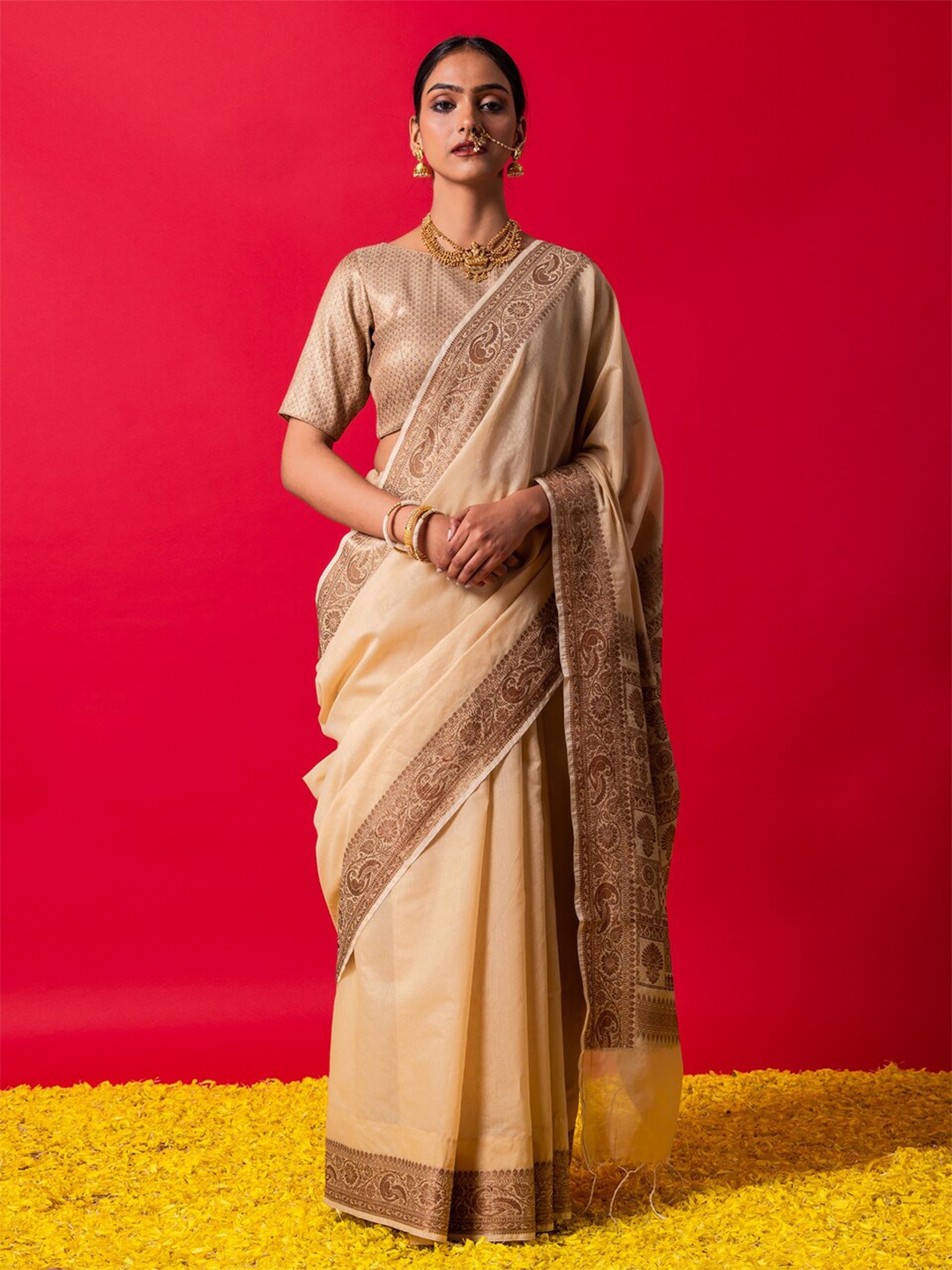 

Triyah Woven Design Pure Silk Muga Saree, Cream