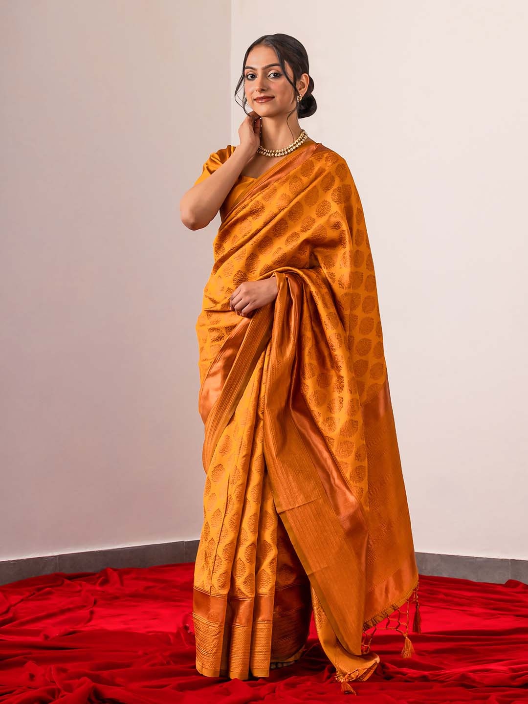 

Triyah Woven Design Zari Silk Blend Saree, Mustard