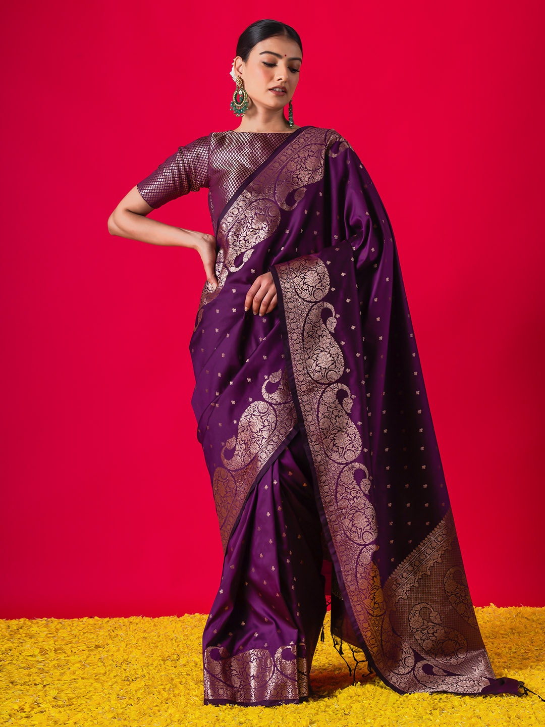 

Triyah Floral Woven Design Zari Pure Silk Muga Saree, Purple