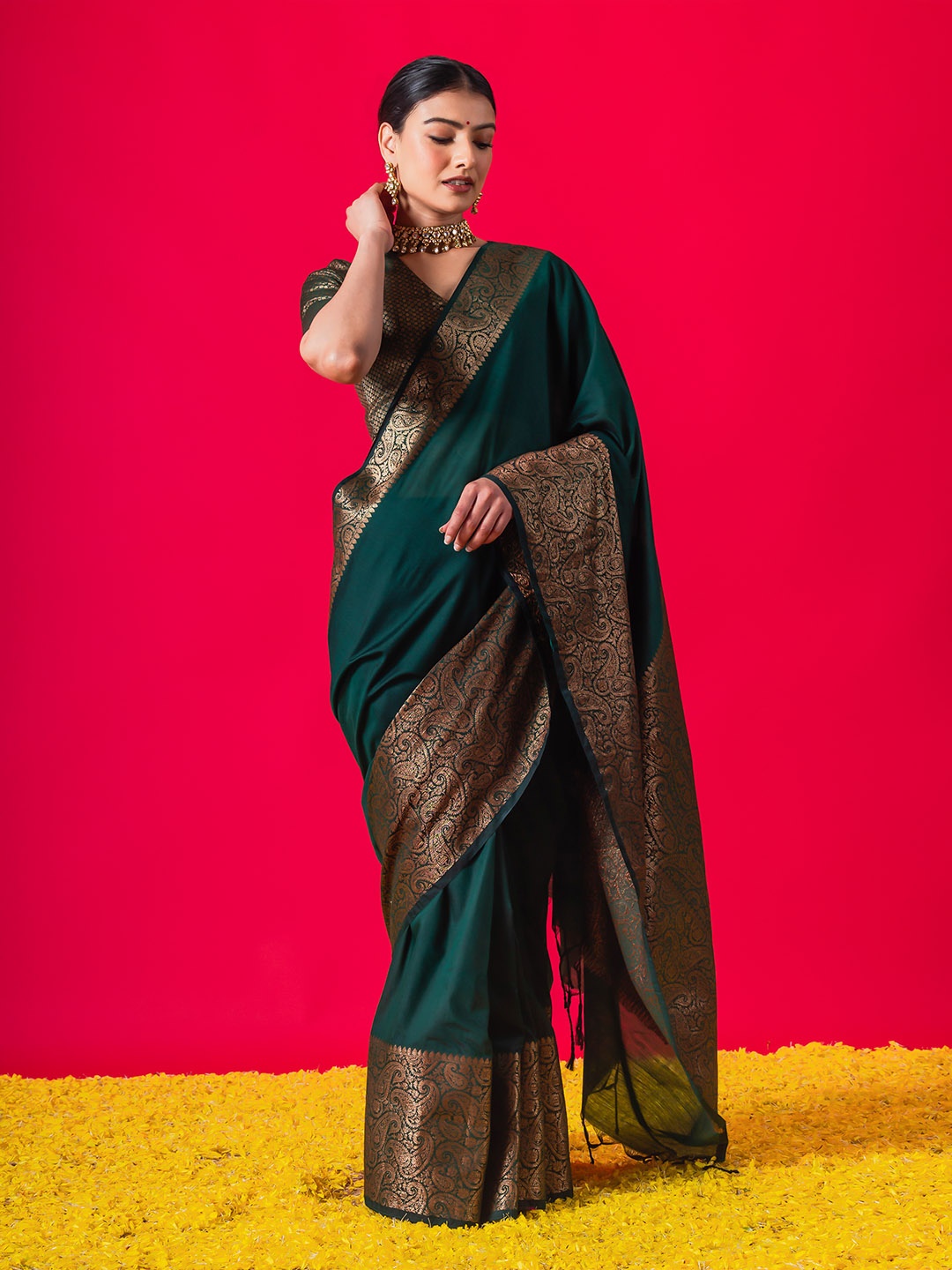 

Triyah Woven Design Zari Pure Silk Muga Saree, Green