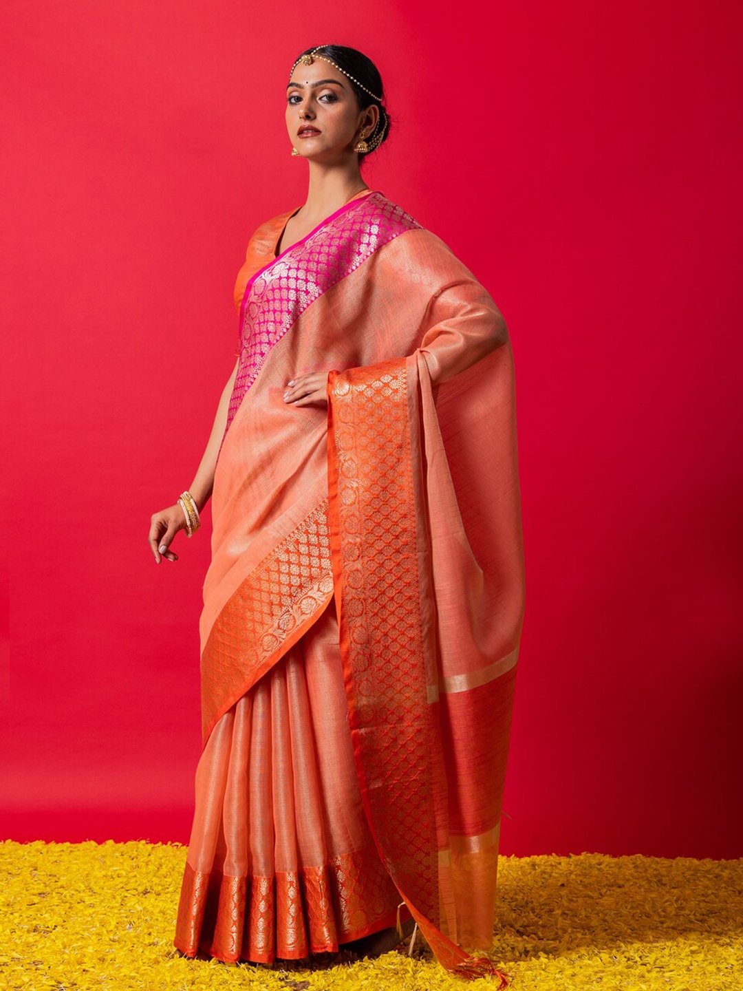 

Triyah Woven Border Zari Muga Saree, Peach