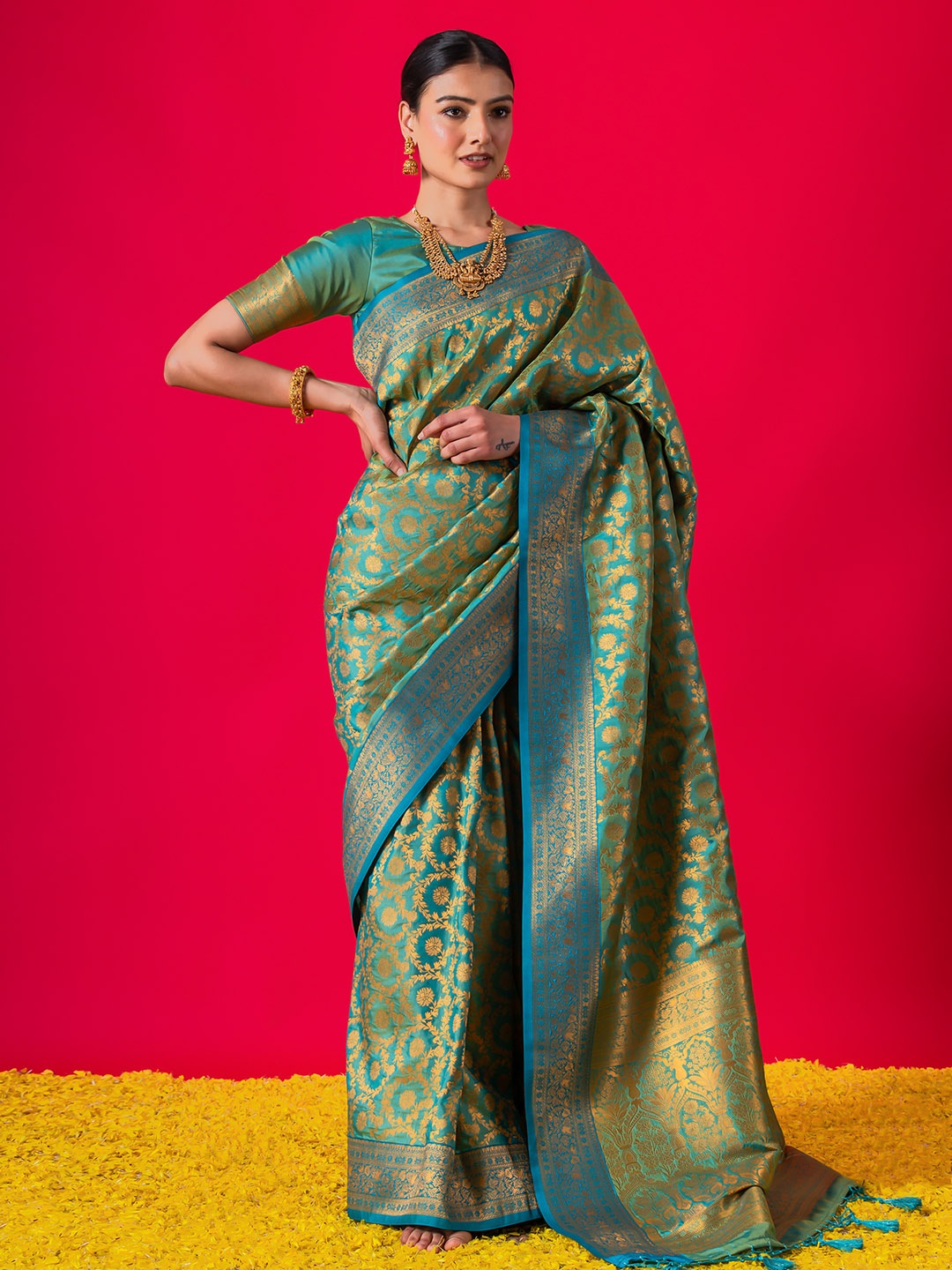 

Triyah Ethnic Motifs Woven Design Zari Pure Silk Banarasi Saree, Teal