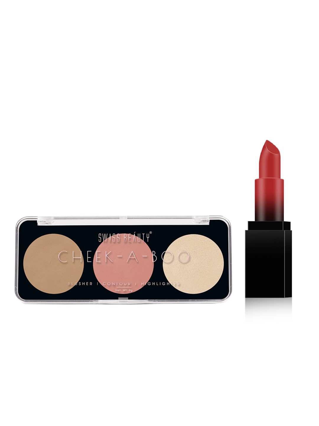 

SWISS BEAUTY Set of HD Matte Lipstick - Athena 03 & Cheek-A-Boo 3-In-One Face Palette - 02, Brown