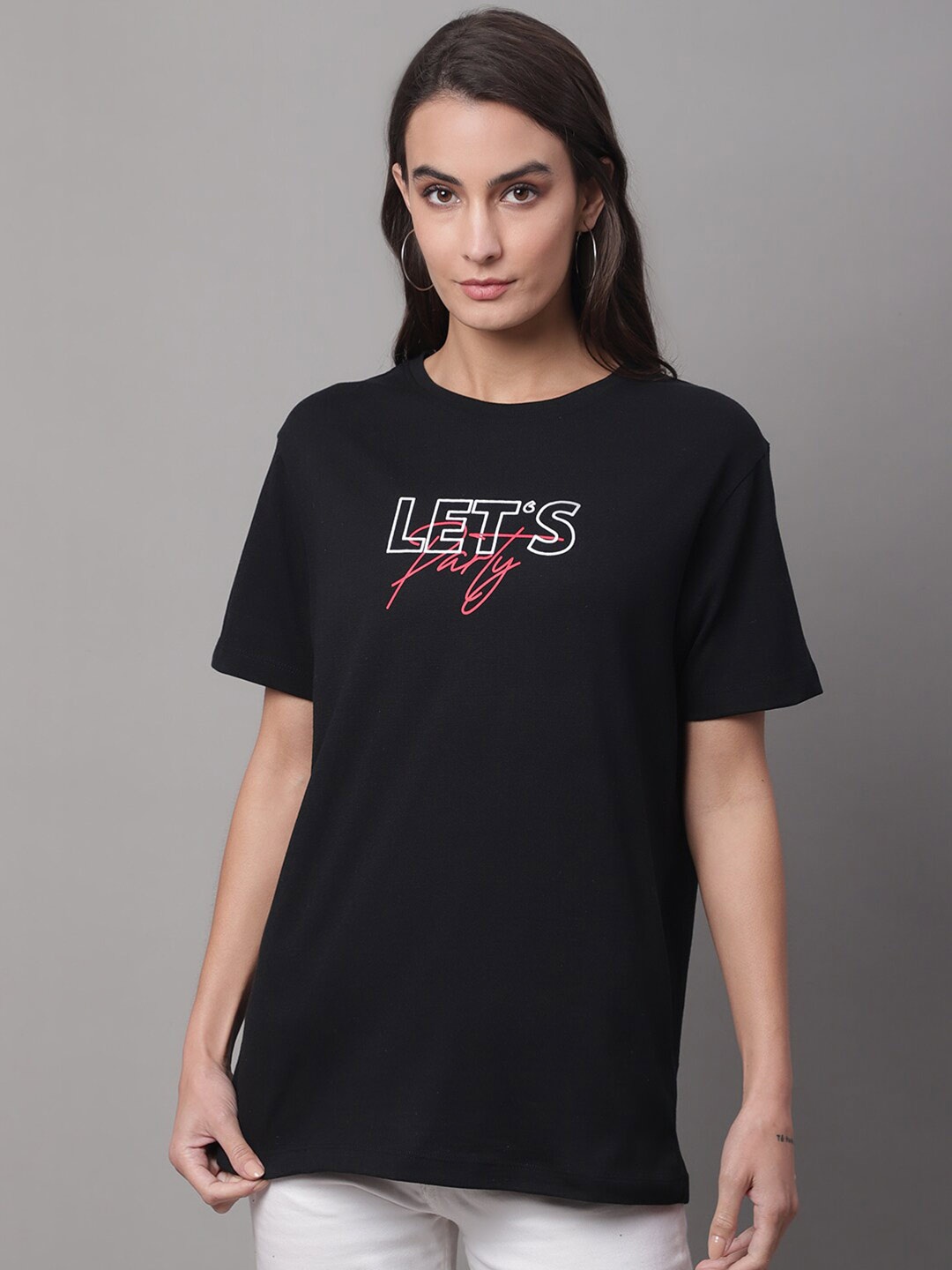 

DOOR74 Typography Printed Cotton T-shirt, Black