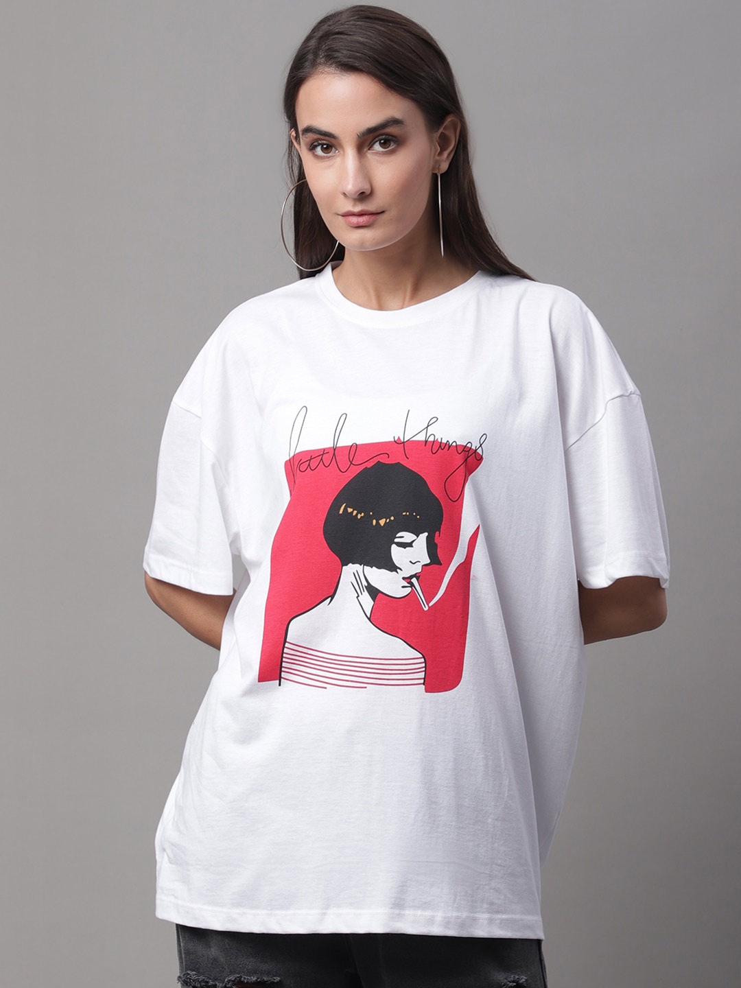 

DOOR74 Typography printed Drop Shoulder Oversize Fit Cotton T-shirt, White