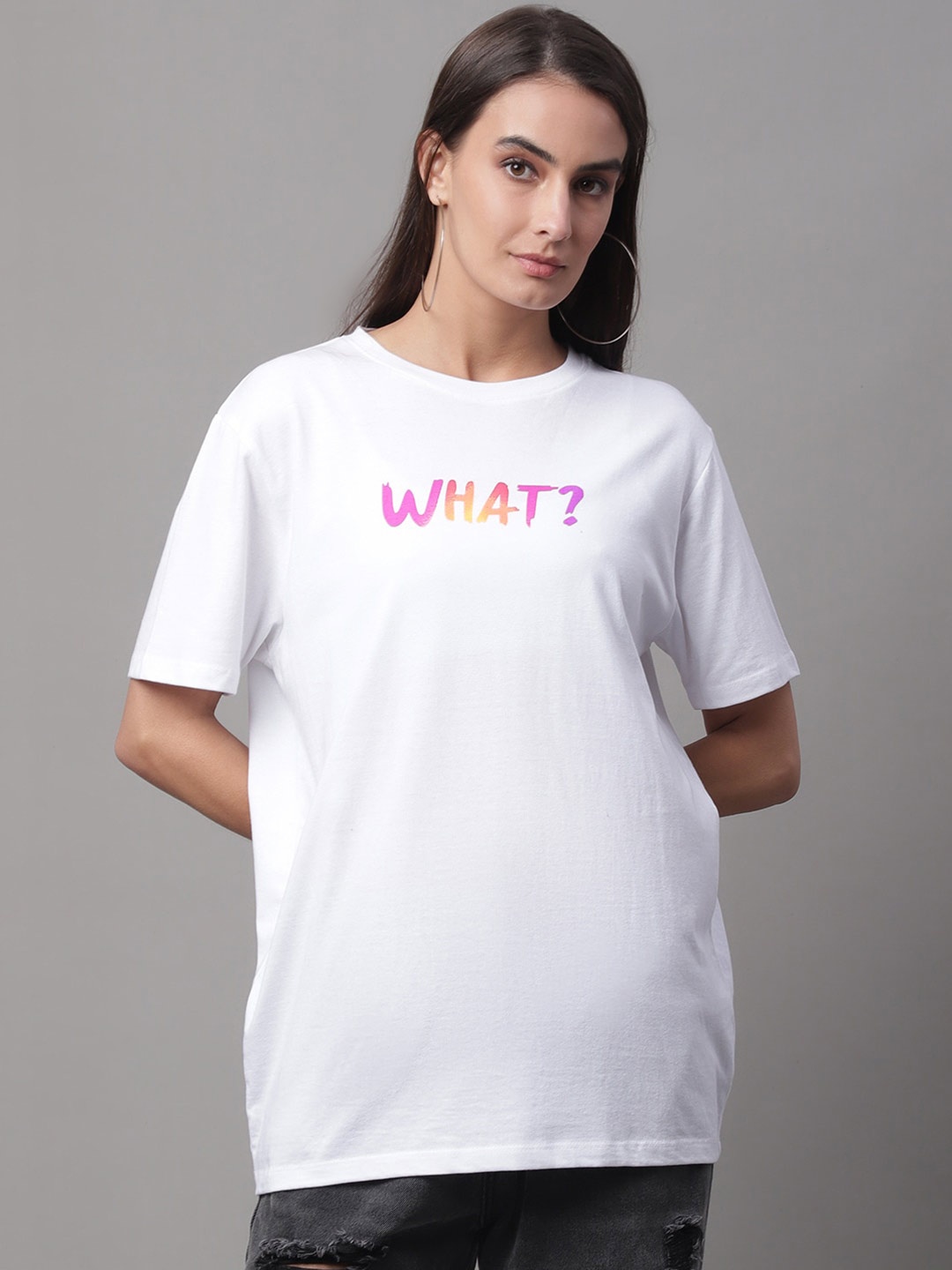

DOOR74 Typography Printed Drop-Shoulder Sleeves Cotton T-shirt, White