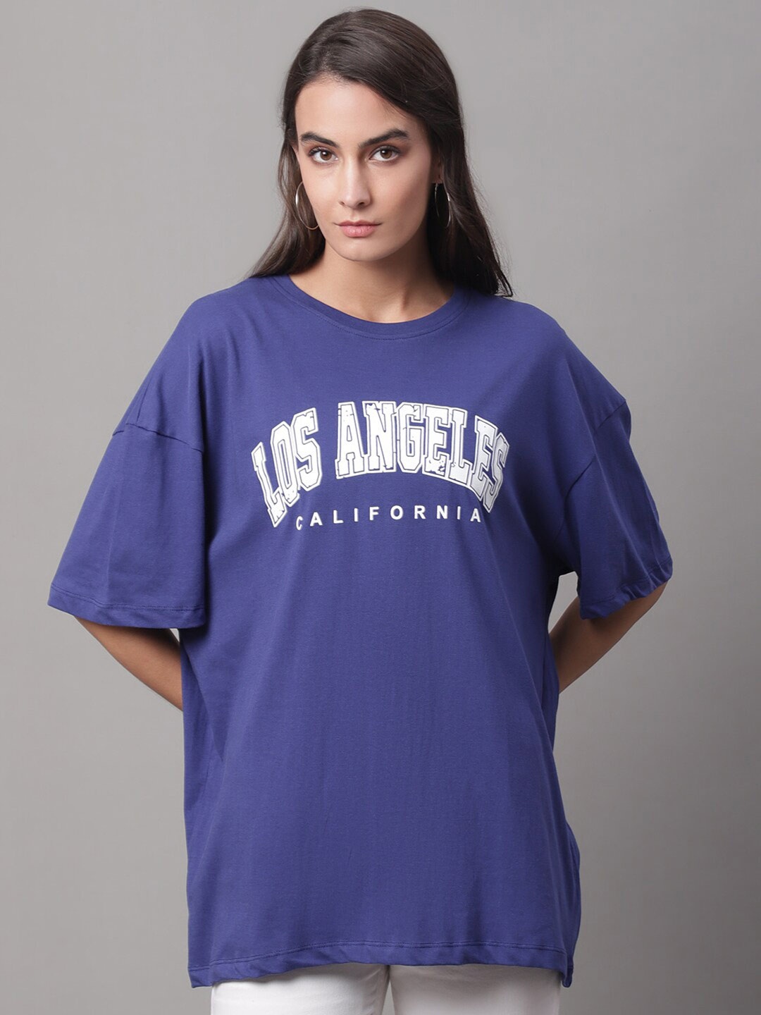 

DOOR74 Typography Printed Round Neck Cotton Oversize T-shirt, Blue