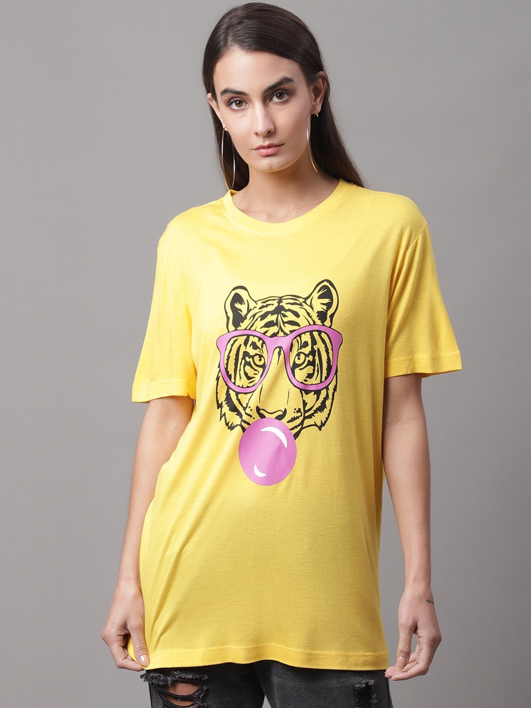 

DOOR74 Graphic Printed Round Neck Cotton T-shirt, Yellow