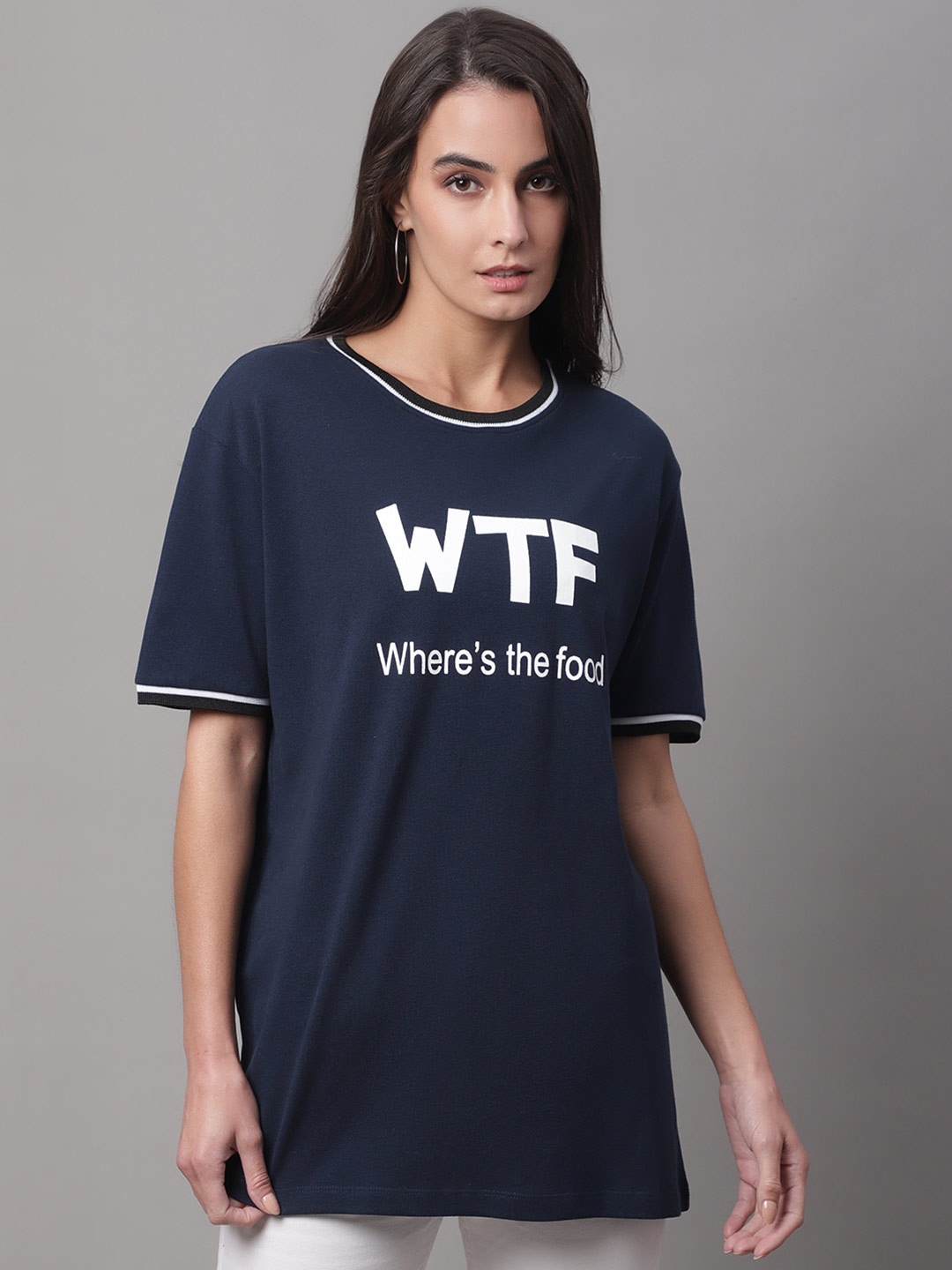 

DOOR74 Typography Printed Round Neck Cotton T-shirt, Navy blue