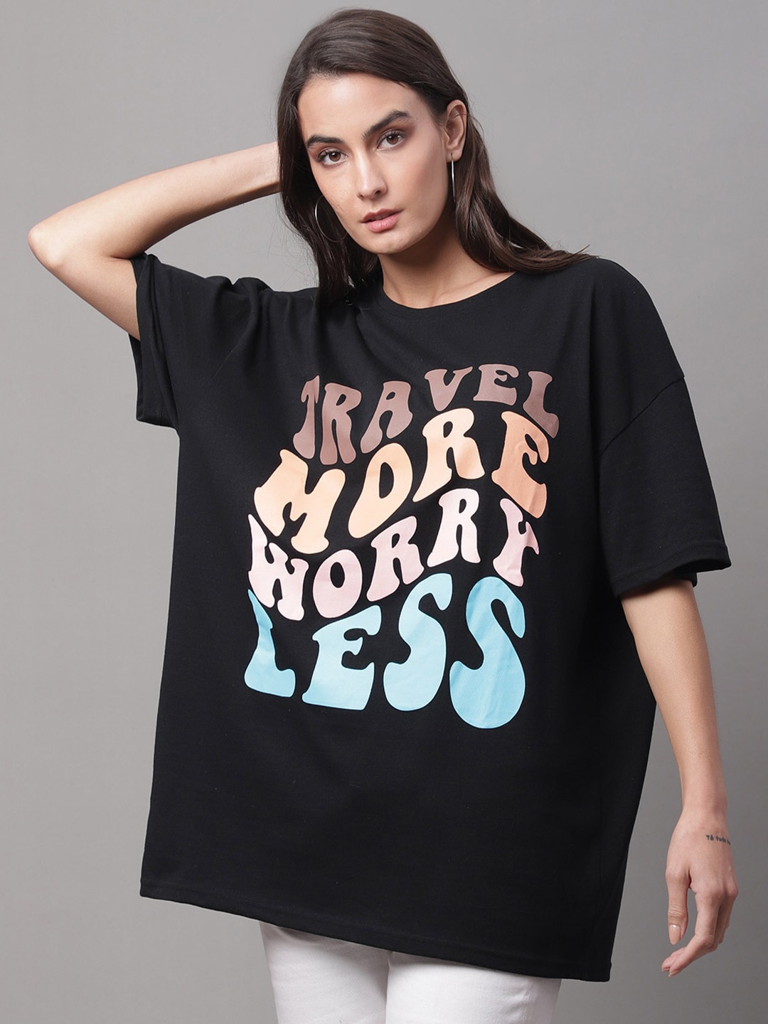 

DOOR74 Women Black Typography Printed Oversize T-shirt