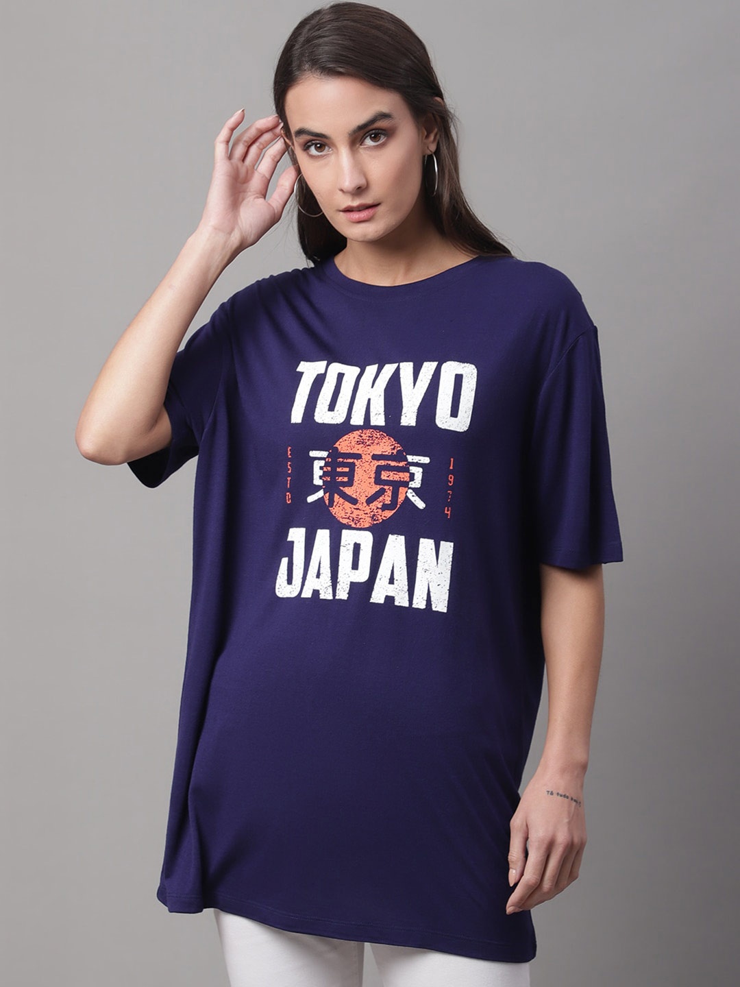 

DOOR74 Typography Printed Cotton Longline T-shirt, Navy blue