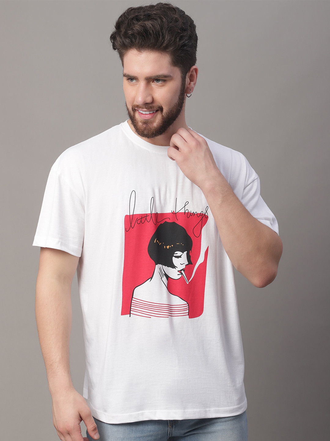 

DOOR74 Men White Printed Applique Oversize T-shirt