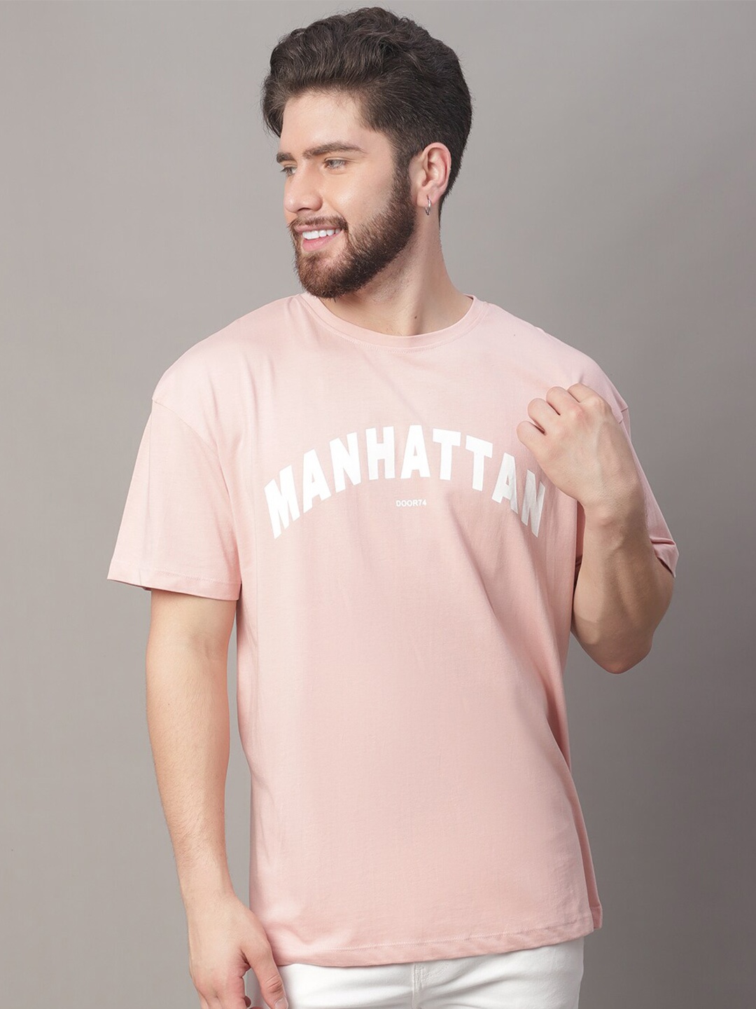 

DOOR74 Men Pink V-Neck Raw Edge Oversize T-shirt